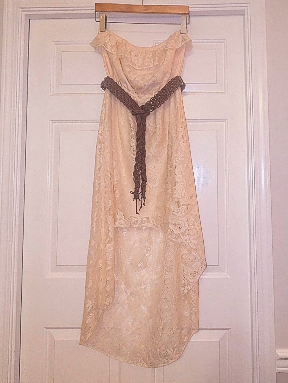 Trixxi Strapless Ivory Lace High-Low Dress with Braided Belt, Cream, S